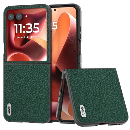 Genuine leather litchi-textured phone case, green, with flip cover for foldable phone
