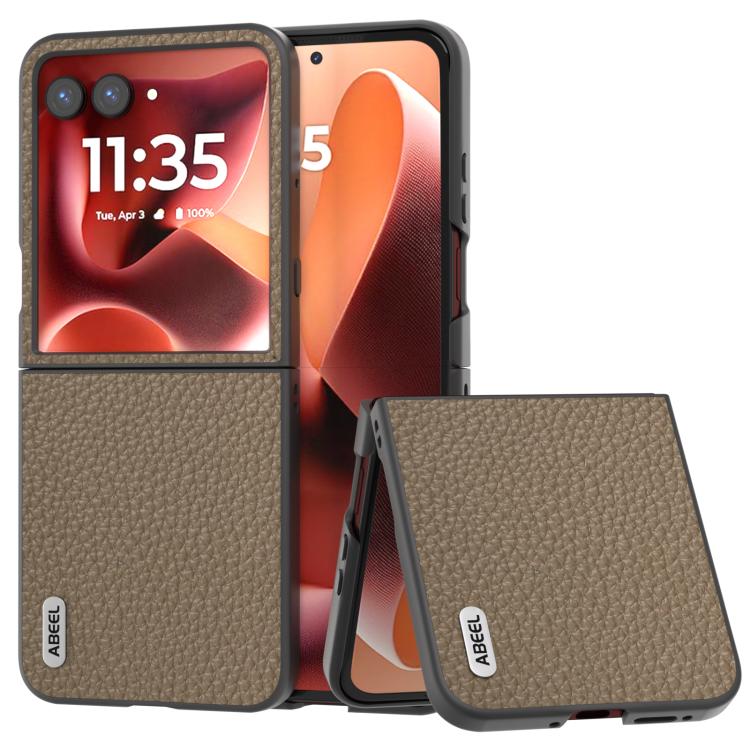 Genuine leather litchi-textured phone case, grey/tan, with flip cover for foldable phone