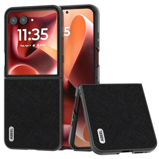 Black genuine leather cross-texture phone case with flip cover and stand