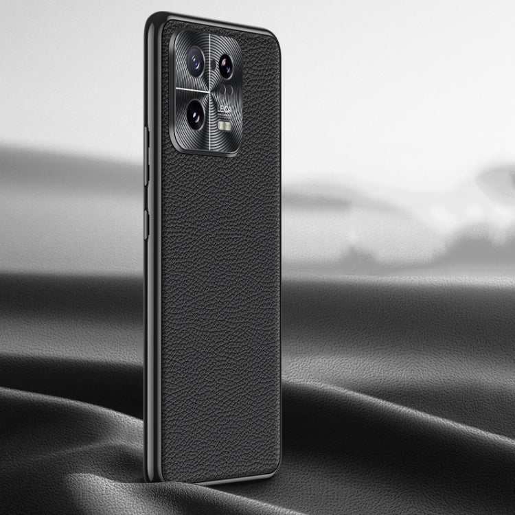 Black litchi-texture genuine leather phone case with protective camera area