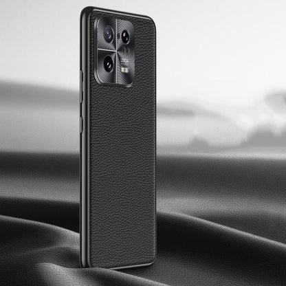 Black litchi-texture genuine leather phone case with protective camera area