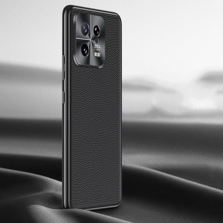 Black litchi-texture genuine leather phone case with textured grip finish