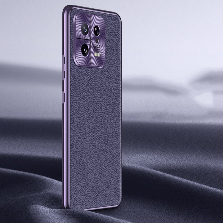 Purple litchi-texture genuine leather phone case with textured grip finish