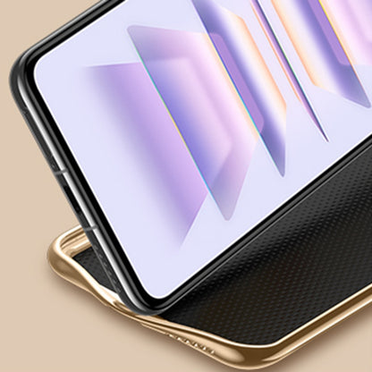 Black litchi-texture genuine leather phone case with gold-tone bumper