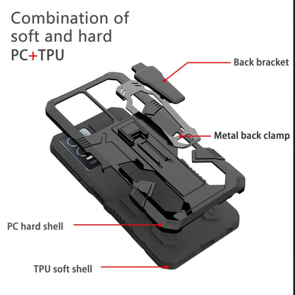 Rugged black PC hard shell and TPU shockproof phone case with back bracket
