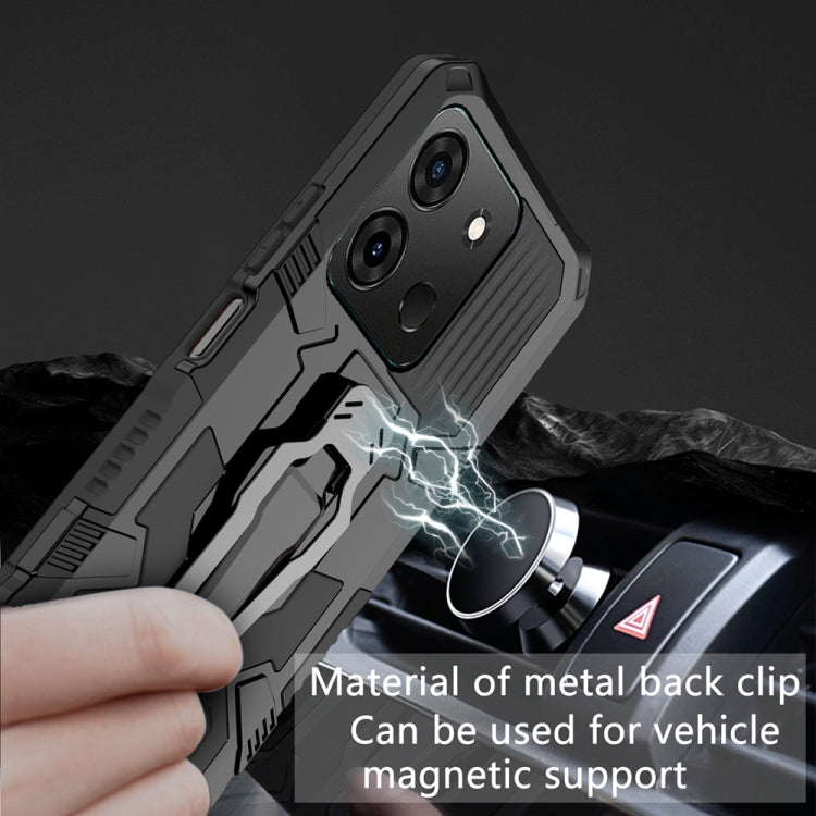 Rugged phone case with back metal clip and kickstand, shown in use