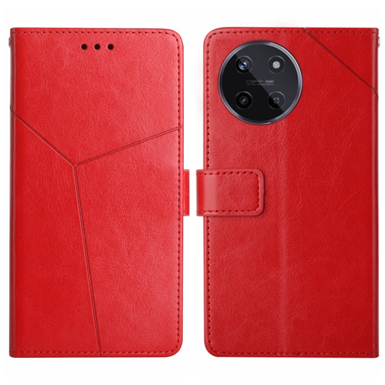 Red leather flip phone case with Y-line pattern, magnetic flap, and camera cutout.