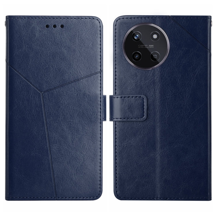 Dark blue leather flip phone case with Y-line pattern, magnetic flap, and camera cutout.
