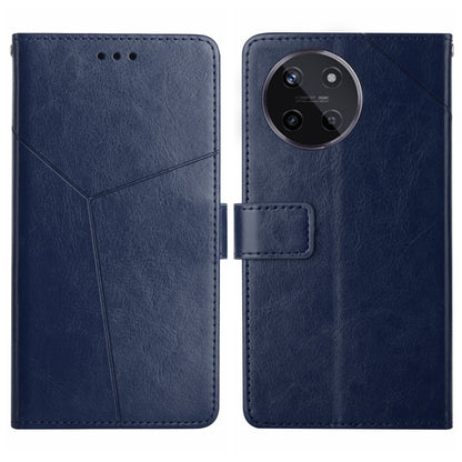 Dark blue leather flip phone case with Y-line pattern, magnetic flap, and camera cutout.