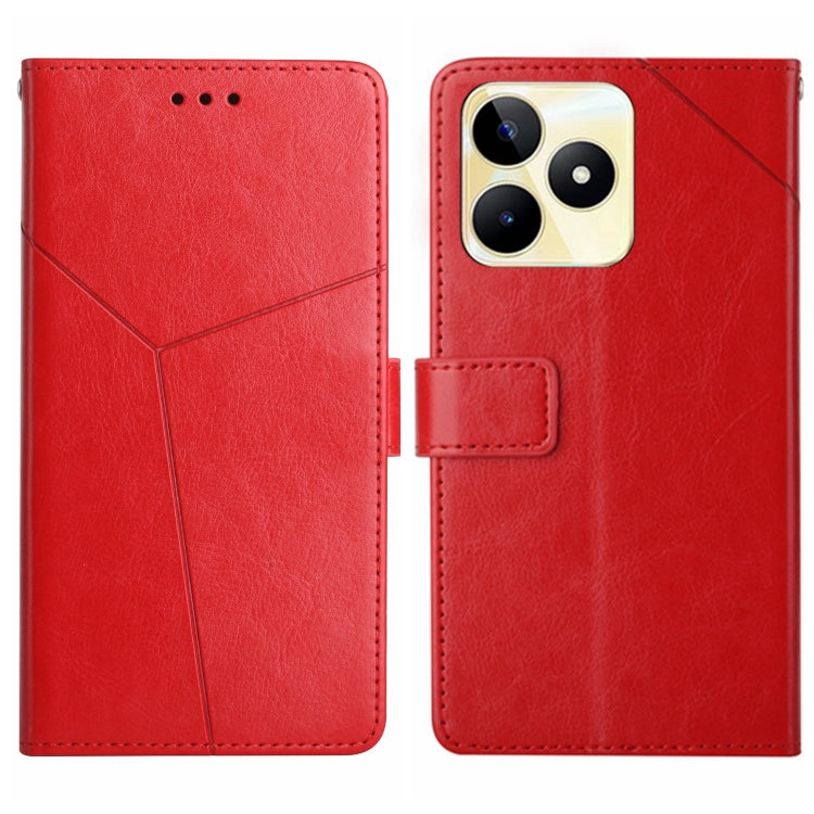 Red leather flip phone case with Y-line pattern, magnetic flap, and camera cutout.