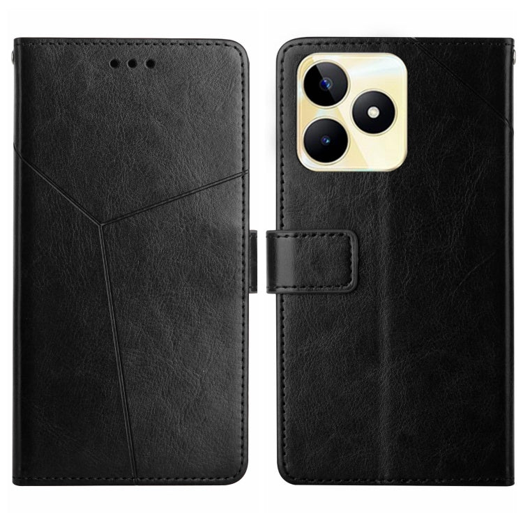 Black leather flip phone case with Y-line pattern, magnetic flap, and camera cutout.