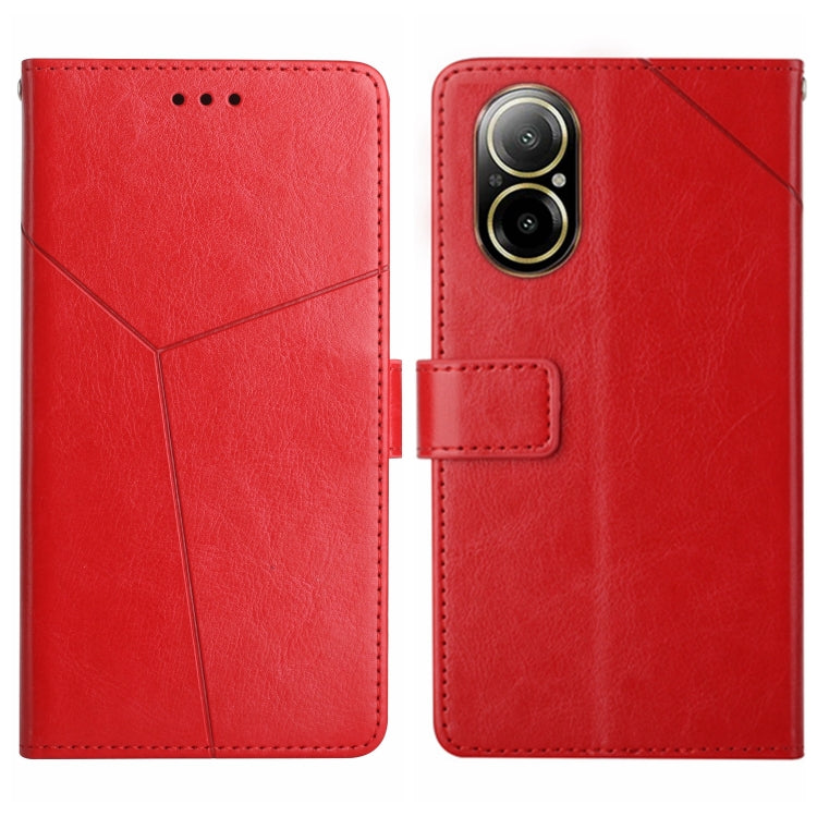 Red Y-pattern flip leather phone case with camera cutout and card holder tab