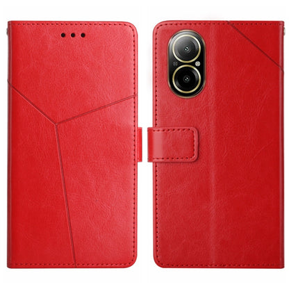 Red Y-pattern flip leather phone case with camera cutout and card holder tab