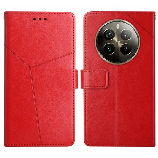 Red leather flip phone case with Y-shaped pattern, camera cutout, and card pocket