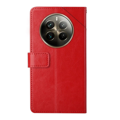 Red leather flip phone case with round camera opening and front card slot