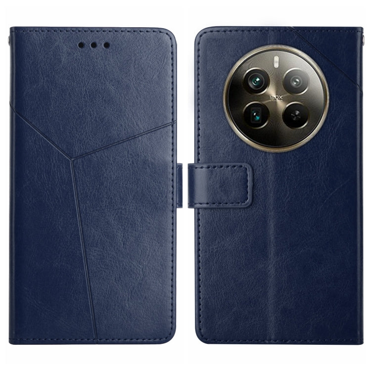 Blue leather flip phone case with Y-shaped seam, camera cutout, and card pocket