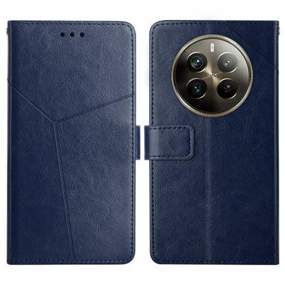 Blue leather flip phone case with Y-shaped seam, camera cutout, and card pocket