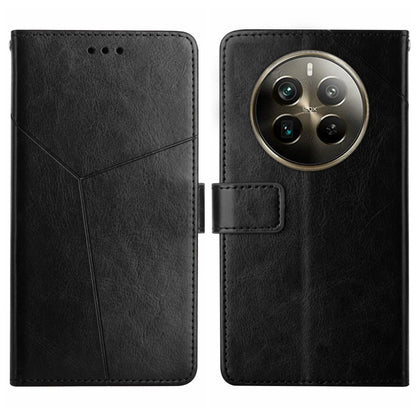 Black Y-pattern flip leather phone case with camera cutout and card holder flap