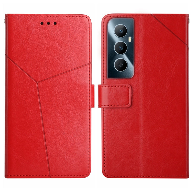 Red Y-shaped flip leather phone case with card slot and camera cutout