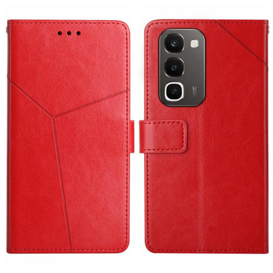 Red y-shaped flip phone case with card slot and camera cutout, leather-style finish