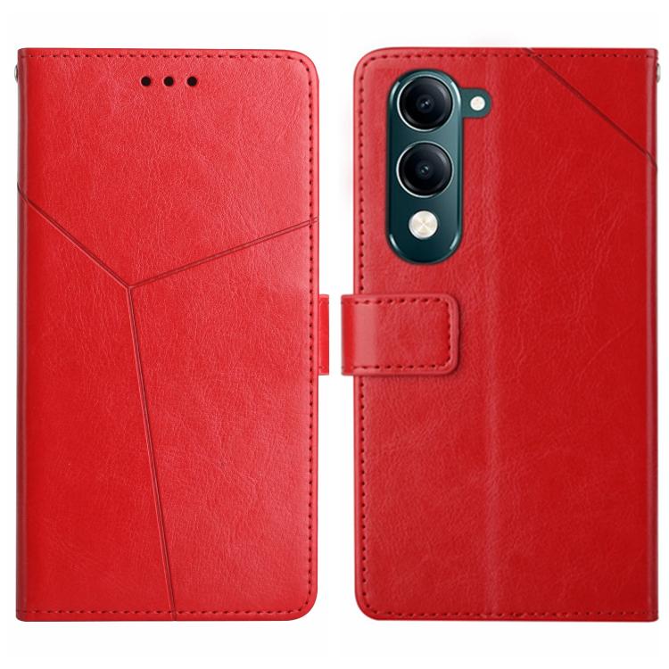Red leather flip phone case with Y-pattern, camera cutout and strap pocket