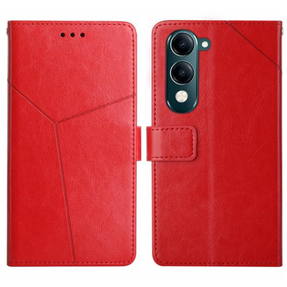 Red leather flip phone case with Y-pattern, camera cutout and strap pocket