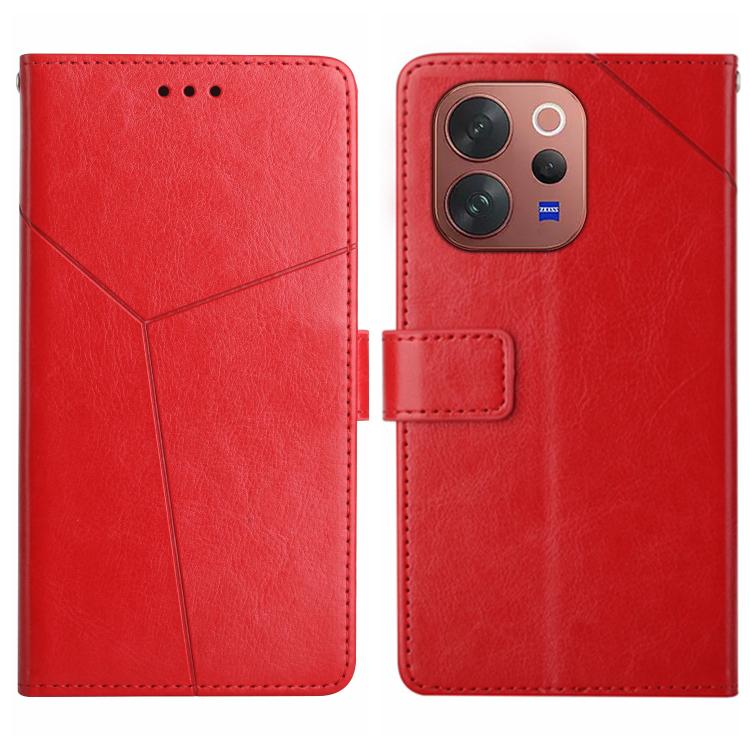 Red Y-shaped flip leather phone case with card slot and camera cutout