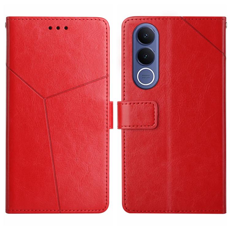 Red flip leather phone case with Y-shaped pattern, card holder, and camera cutout.
