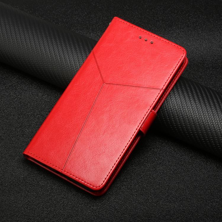 Red Y-shaped flip phone case with stitched edges and a secure front cover.