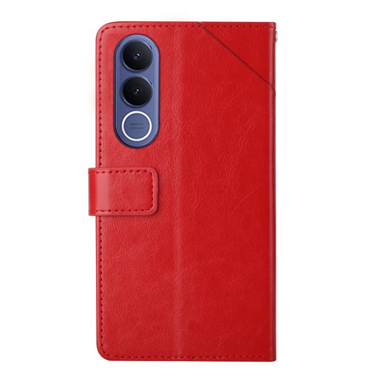 Red wallet-style flip phone case with camera cutout and front card pocket.