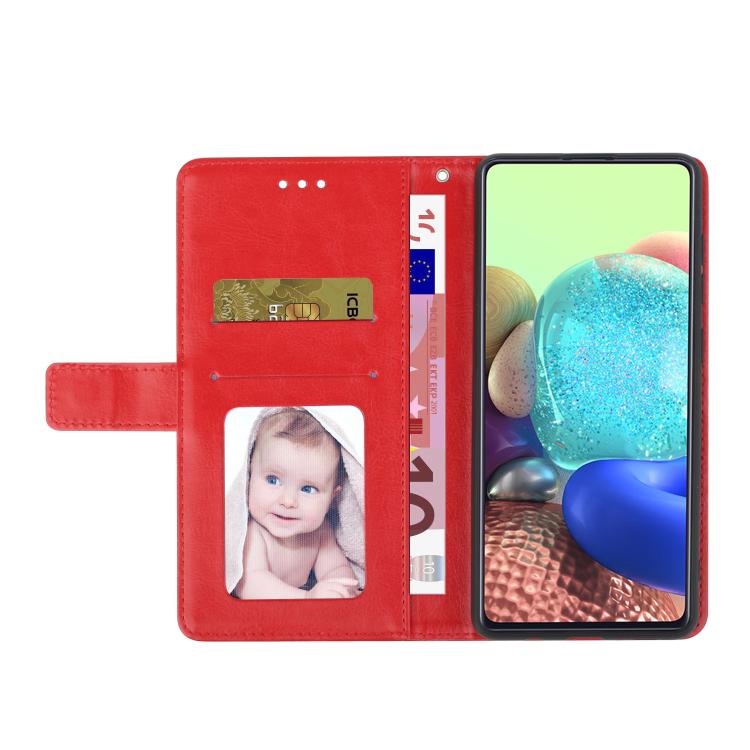 Red flip phone case open view with photo window and card slots; front cover folds out.