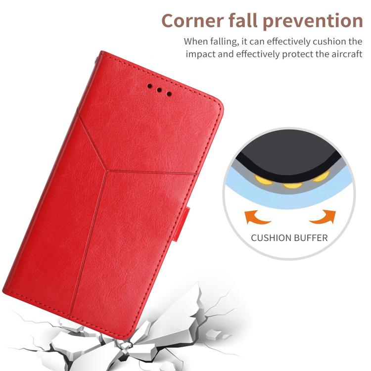 Red Y-shaped flip phone case with reinforced corners and front camera and speaker openings.