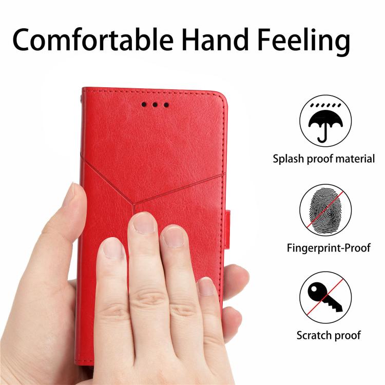 Red flip phone case with Y-shaped seam, textured finish, and finger grip protection.