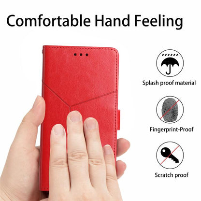 Red flip phone case with Y-shaped seam, textured finish, and finger grip protection.