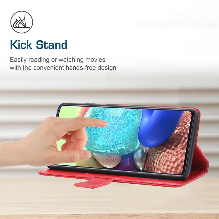 Red flip phone case with kick stand for hands-free viewing of the smartphone screen.