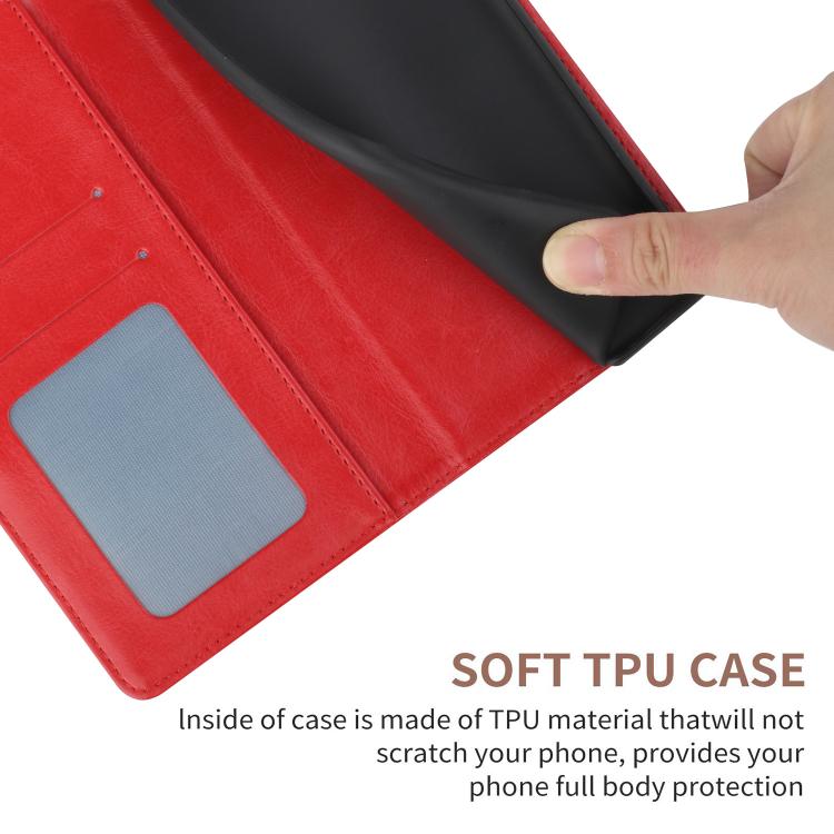 Red wallet flip case showing card pocket and soft TPU inner lining for protection.