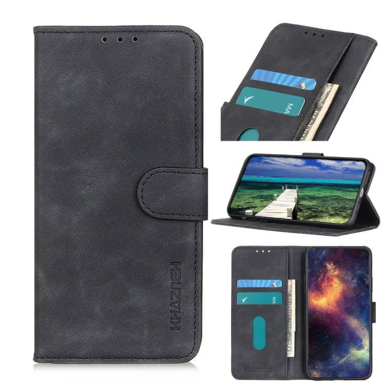 KHAZNEH retro texture flip leather phone case in dark gray, with card pockets and stand view