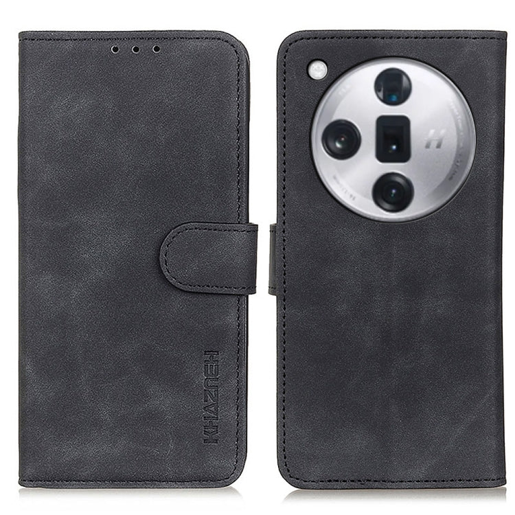 Black flip leather phone case with front flap, circular camera cutout, KHANZEH logo