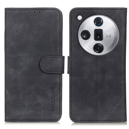 Black flip leather phone case with front flap, circular camera cutout, KHANZEH logo