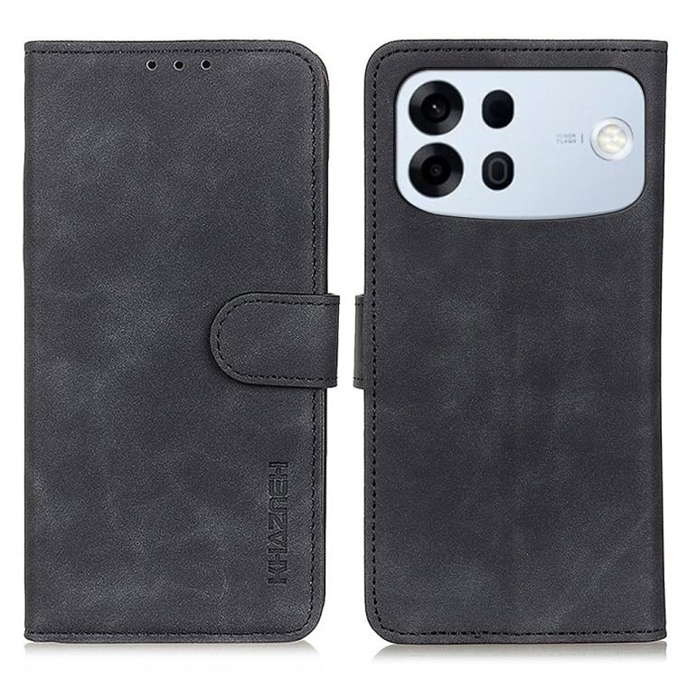 KHAZNEH flip leather phone case, black, retro texture, magnetic folio with cutouts