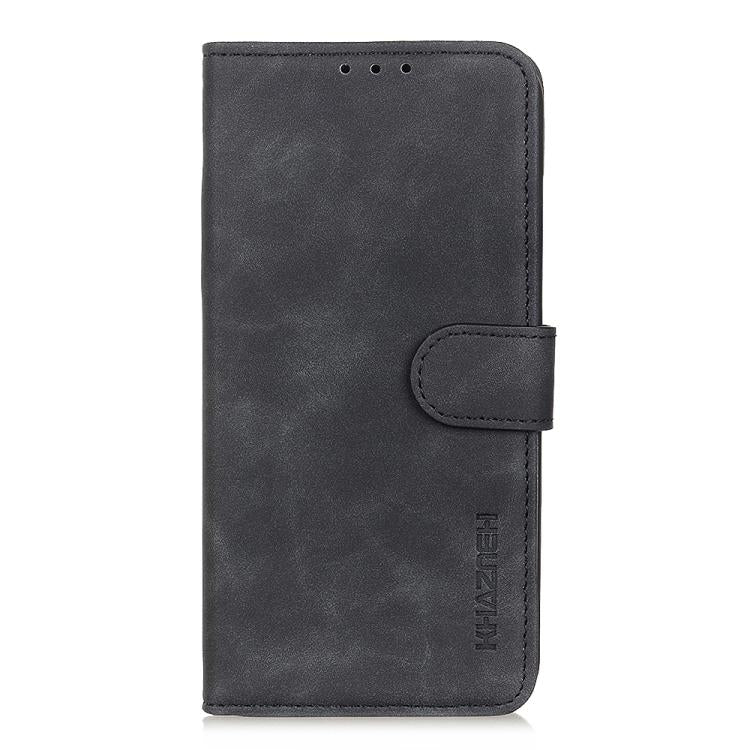 KHAZNEH flip leather phone case, black, retro texture, front folio with button opening