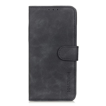 KHAZNEH flip leather phone case, black, retro texture, front folio with button opening
