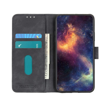 KHAZNEH flip leather phone case, black, open design with card slots and inner pocket
