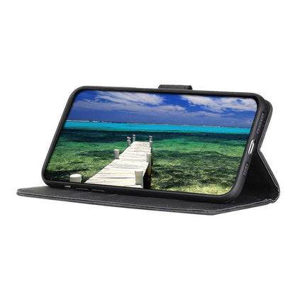 KHAZNEH flip leather phone case, black, stand-ready viewing angle with phone installed