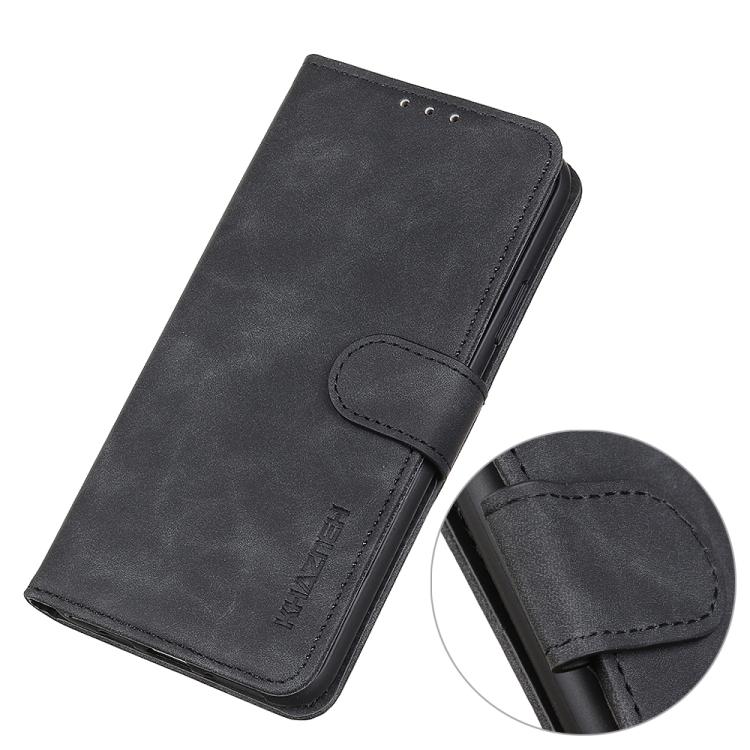 KHAZNEH flip leather phone case, black, magnetic clasp and folio closure detail