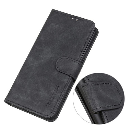KHAZNEH flip leather phone case, black, magnetic clasp and folio closure detail