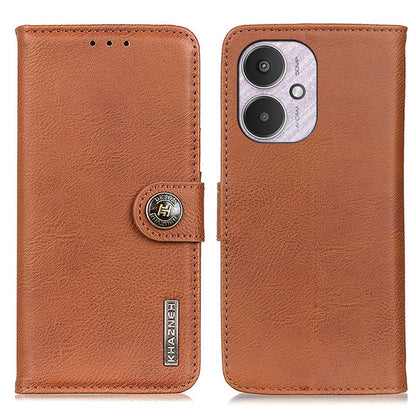 Tan-brown cowhide-texture flip leather phone case with camera cutout and closure