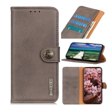 Khaki flip leather phone case with card slots and stand, cowhide-textured finish