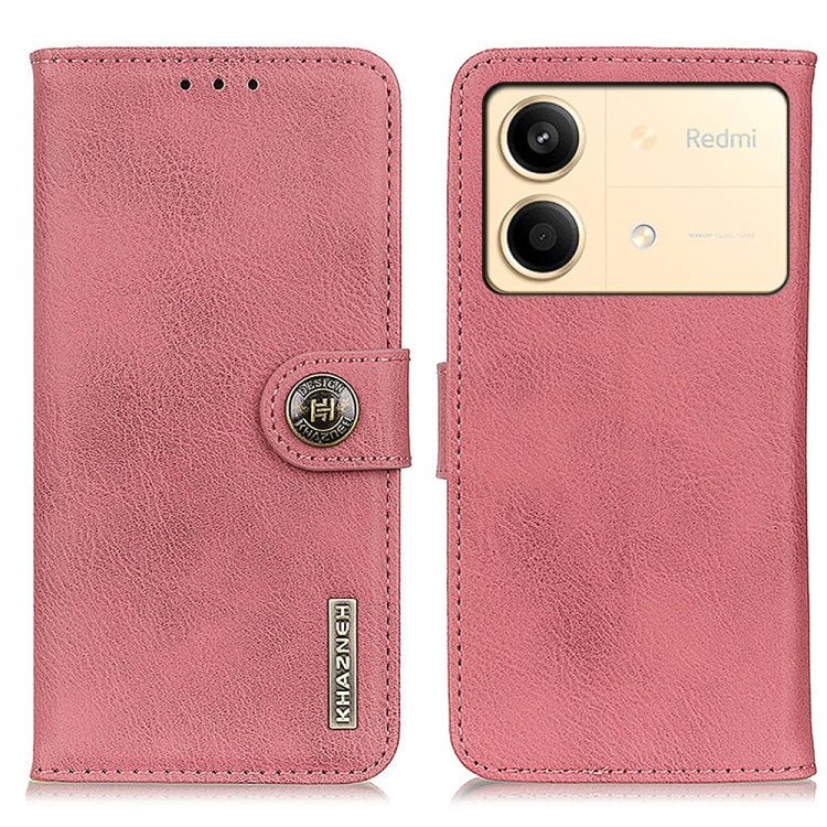 Pink flip leather phone case with round logo snap and camera cutout, textured finish.