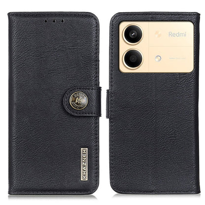 Black flip leather phone case with round logo snap and camera cutout, card pocket lining.